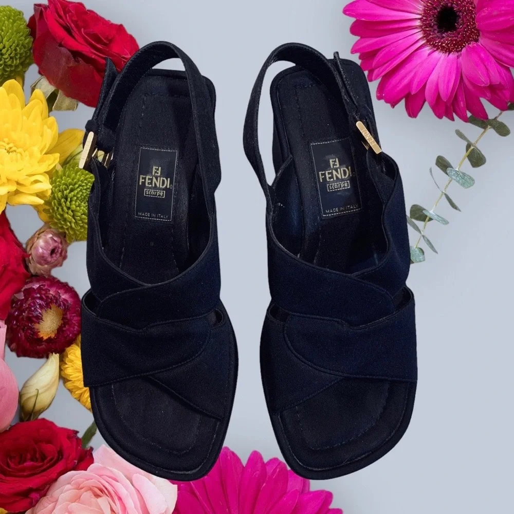 FENDI VINTAGE Y2K BLACK PLATFORM SANDALS WEDGE SLIP ON SHOE SANDAL